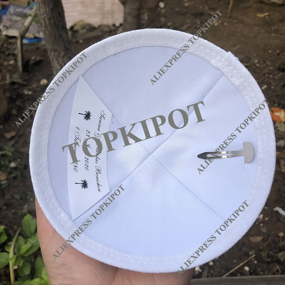 Белый льняной кипа с бирюзовой каймой для свадьбы