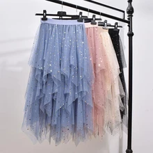 Мода, Осенние вечерние юбки, высокая талия, эластичная расшитая блестками Звезда, Длинная женская юбка из тюля с асимметричным подолом, сетчатая юбка-пачка для женщин