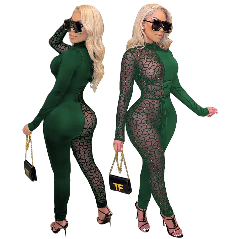 Sexy Sheer Mesh Color Patchwork See Through Night Party Club Skinny Jumpsuit Women Turtleneck Long Sleeve Romper Outfit Overalls corset bodysuit