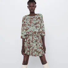 RR O Neck Dresses Women Fashion Floral Printed Dress Women Elegant Elastic Waist Half Sleeve Mini Dresses Female Ladies JAD