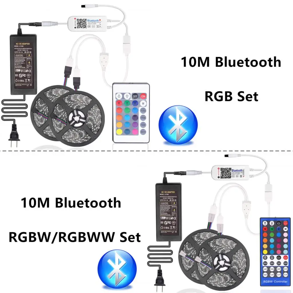 10 м RGB светодиодный светильник 5050 SMD RGBWW диодный светодиодный ленточный Водонепроницаемый Bluetooth 24Key 44key управление DC 12V адаптер питания набор