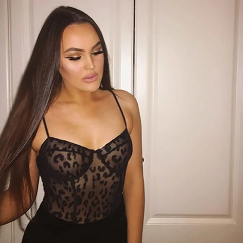 Sexy Spring Women Black Bodysuit Sexy Summer Women Shirt Party Sleveeless Leopard Black Mesh Strap Bodysuit Women Female