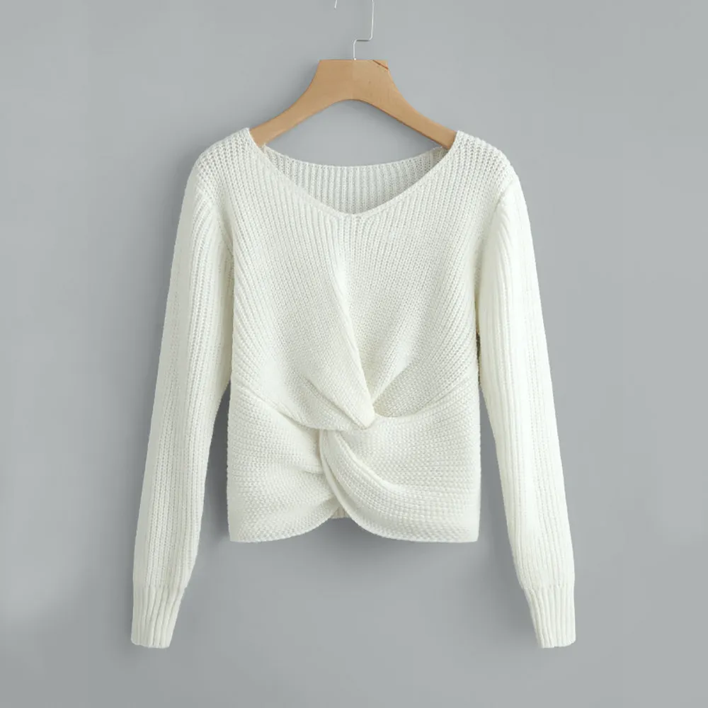 Pull femme hiver свитера с длинным рукавом сплошной цвет v-образный вырез сексуальный крест завязанный панель свитер для женщин размера плюс roupa feminina