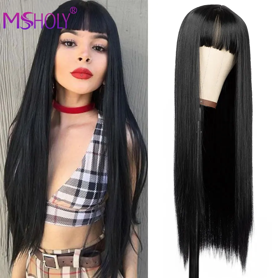 Long Straight Black Wig Synthetic Hair Wig With Bangs Red Burgundy Pink Ombre 613 Blonde Long Hair Wigs for Women Msholy