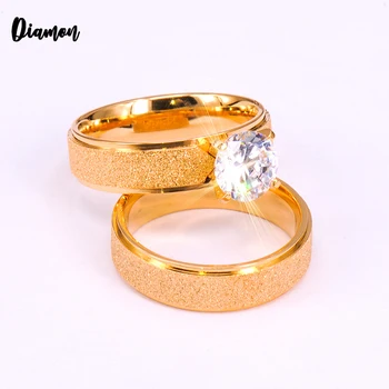 

Diamon Romantic Gold Titanium Steel Couple Ring Simple Crystal Polished 8MM Scrub Engagement Wedding Finger Ring For Lovers