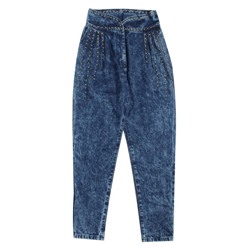 LMCAVASUN джинсовые брюки для женщин с высокой талией, из лоскутов с тяжелыми заклепками длинные джинсы женские Весна уличная мода Tide - Цвет: Синий