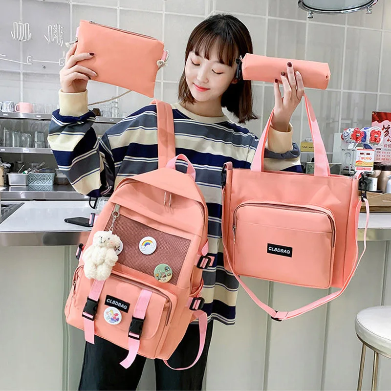 4 Pcs Set School Backpack Canvas Women Simple Teen Girls Bags Large Capacity Laptop Backpacks Fashion Ladies Bag | Багаж и сумки