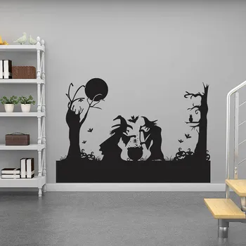 

Halloween Decoration Witch Sticker PVC Wallpaper Witch Stirring Wall Sticker Shop Home Bedroom Wall Decor