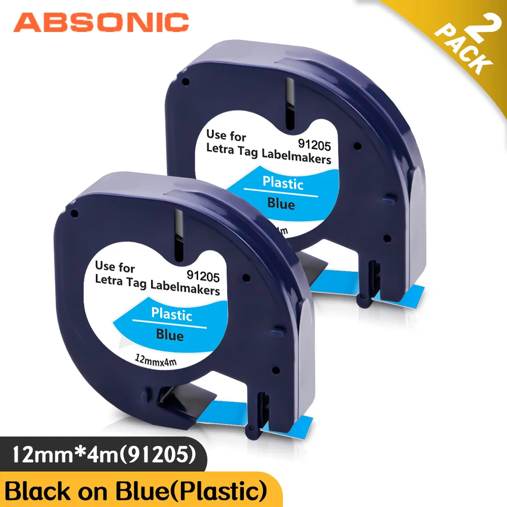 Absonic 2pcs dymo 라벨 테이프 12mm 91335 91225 91205 파란색 플라스틱 라벨 메이커 LetraTag LT-100H 타자기