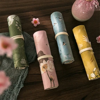 

Original Chinese style Pen Pencil Bag Wrap Roll Vintage flower Apricot Lotus Crane Storage Pouch for pens Stationery School F008