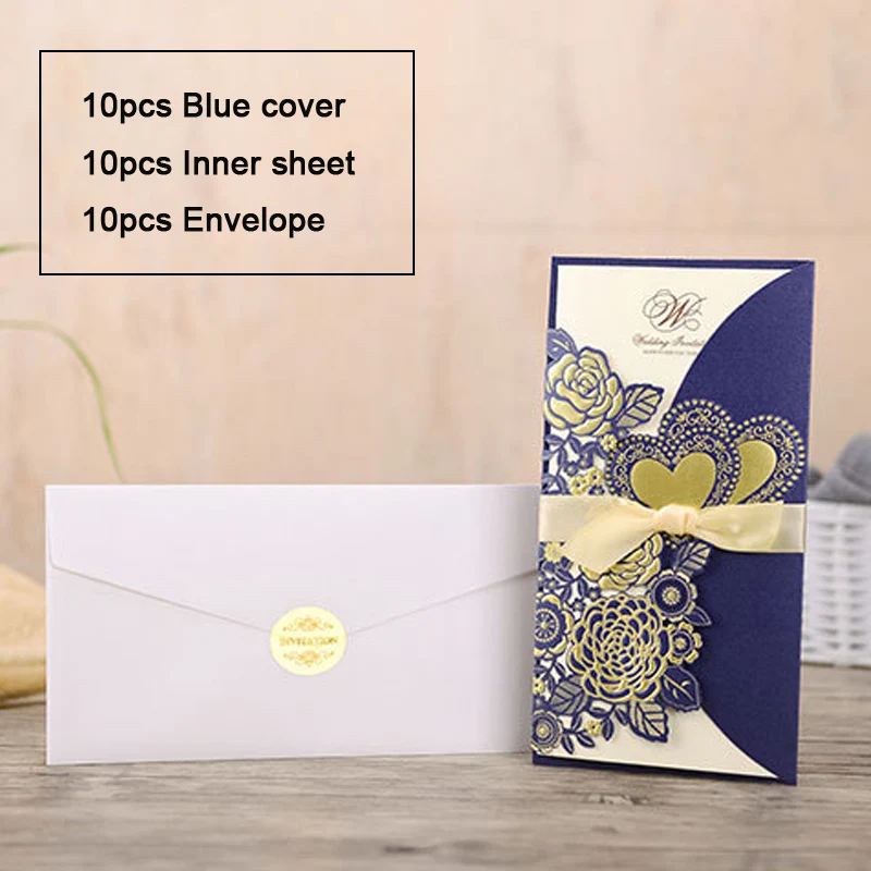 Blue Set 3 10 шт. лазерная резка, для свадьбы Пригласительные открытки Роза Любовь Сердце резной узор поздравительная открытка с лентой Свадебная вечеринка День Святого Валентина поставка - Цвет: Blue Set 3