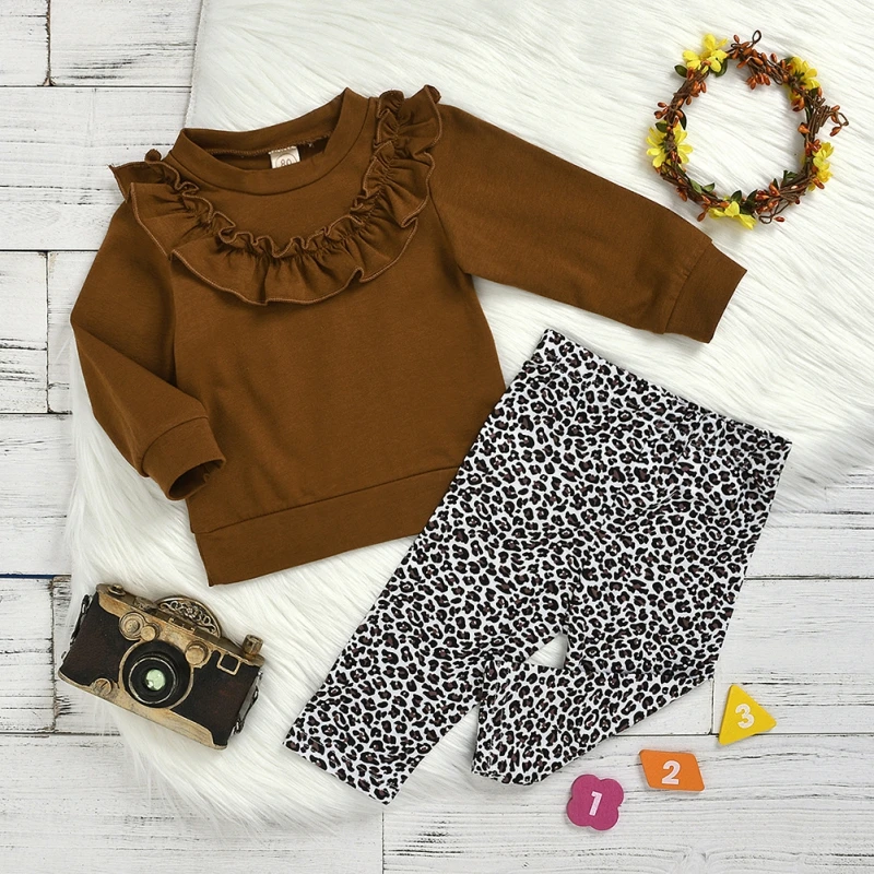 

Baby Girls Brown Fashion Leopard Two-Piece Set Long Sleeve Lotus Leaf Tops +Print Pants Toddler Kids Casual Clothing Set