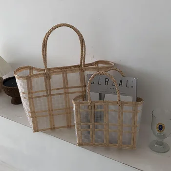 

Straw Woven Plastic Transparent Bag Women's Waterproof Shopping Basket Vegetable Beach Handbag Large Small Size Children's Bag