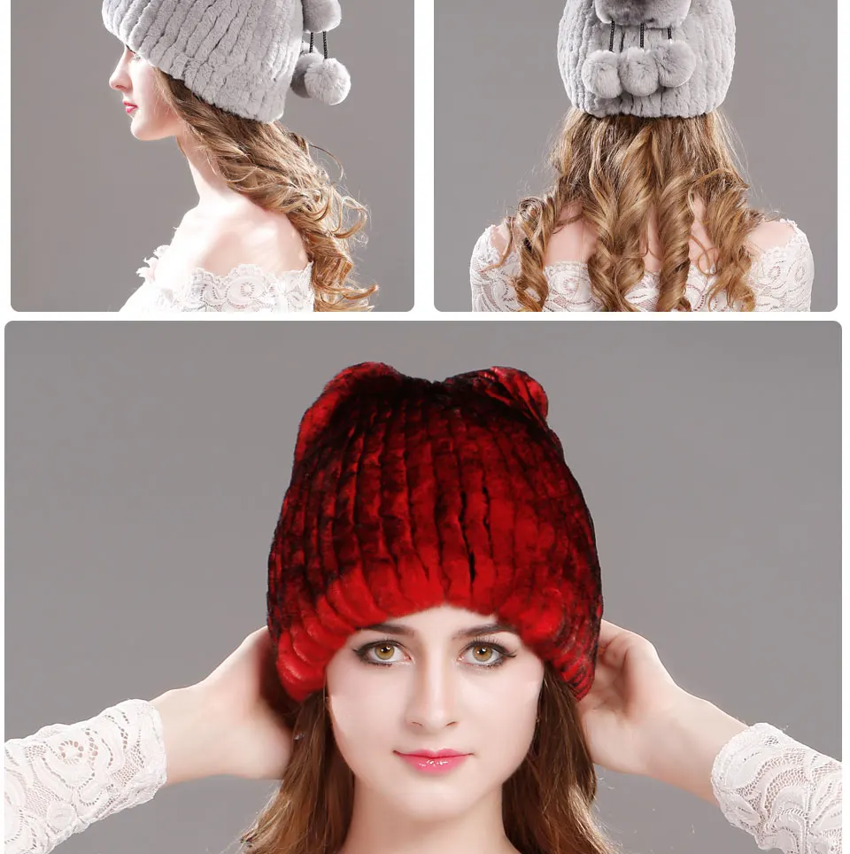 Casquette,Bonnet tricot?� en fourrure de lapin Rex pour femme, chaud, d?�contract?�, ?�pais, russe 