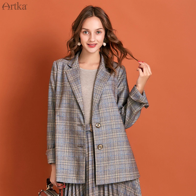 ARTKA Autumn New Women Suits Vintage Plaid Single Breasted Blazer Set Blazers Jacket With Pleated Skirts Women WA10291Q - Цвет: plaid