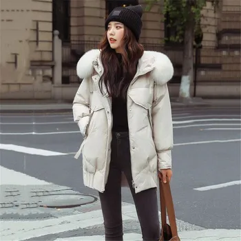 

2020 Winter New Real Fox Big Fur Collar White Duck Down Down Jacket Women Fashion Mid-length Cocoon Thick Warm Korean Coat YH846