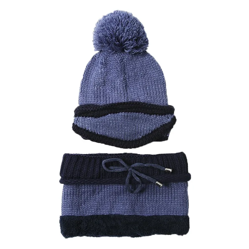 Тёмно-синий A set hat and scarf for women ladies fashion design winter spring keep warm and ear knitted cap female with fine hair cycling - Цвет: Тёмно-синий