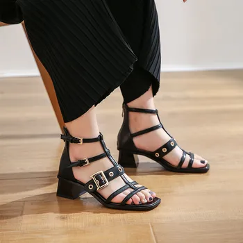 

YMECHIC Summer 2020 High Hoof Heels Gladiator Sandals Women Real Leather Buckle Rome Studded Sandals Female Shoes Black Brown