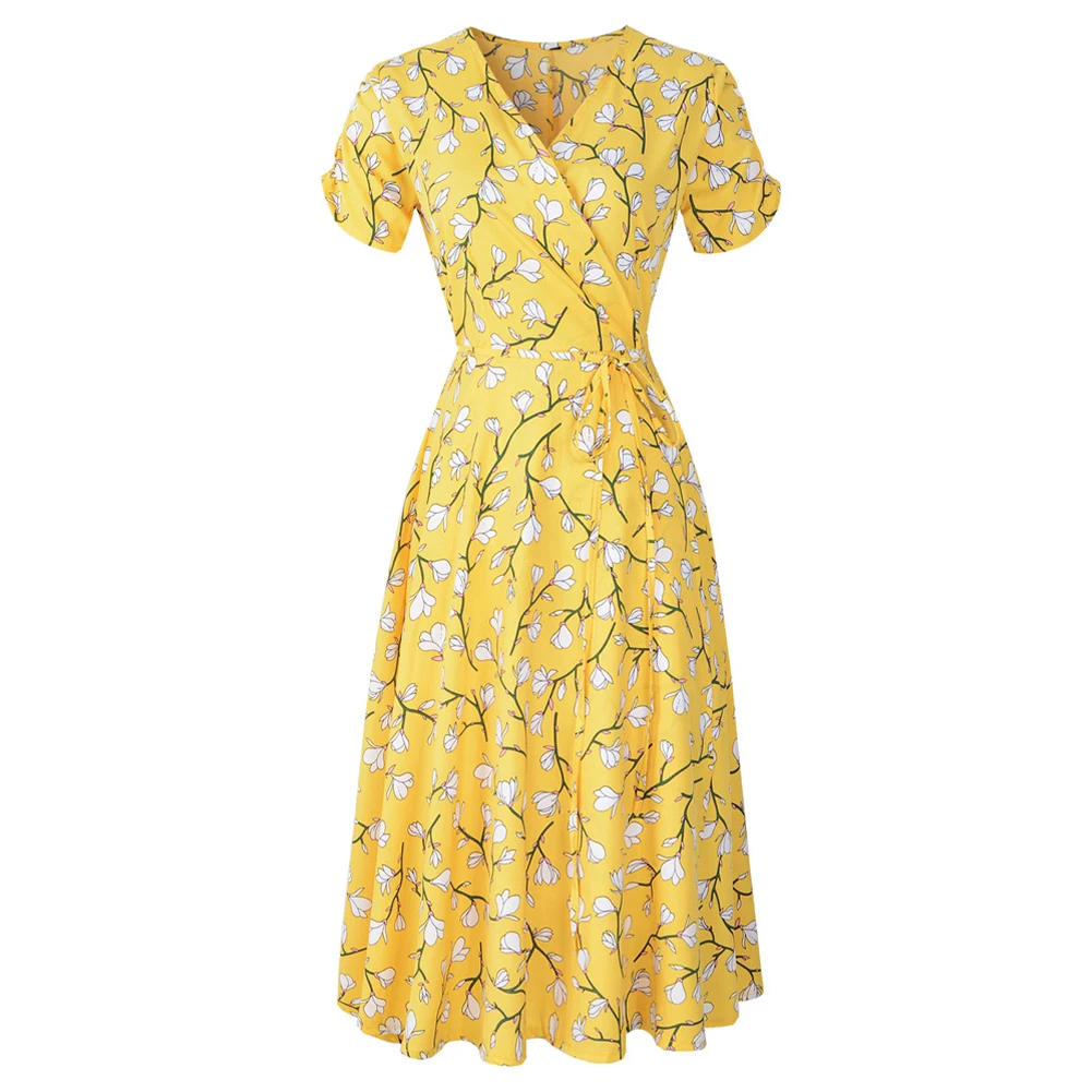 

Lace Up Women V Neck Sexy Summer Casual Chiffon Midi Holiday Beach Dress Empire Waist Printed Short Sleeve Sundress