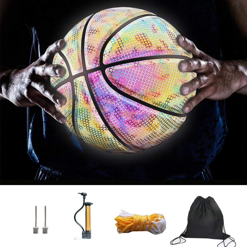 Professional Luminous Reflective Night Colorful Rainbow Basketball School Training Ball with Carry Bag Pump Glowing Reflective Basketball