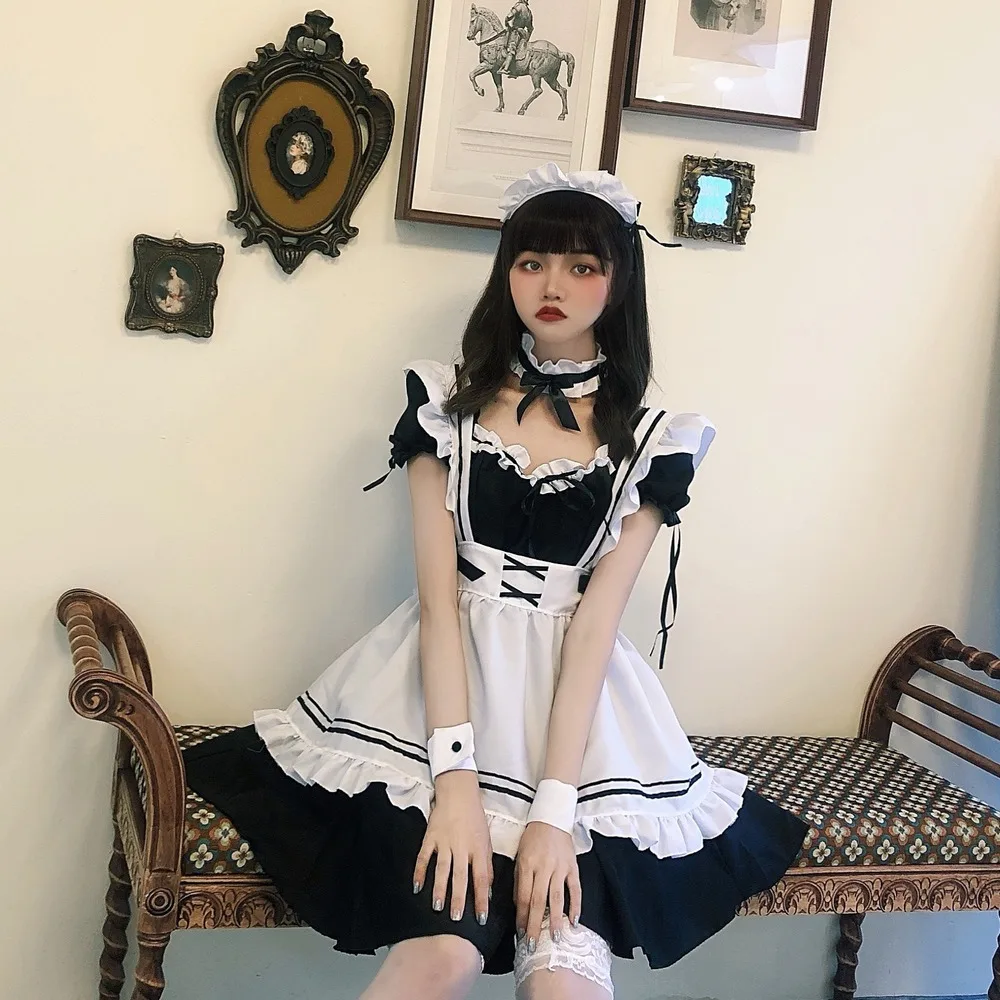 

Girls Lolita Princess Lace Tea Party Dress Kawaii Japanese Anime Cosplay Costume Women Gothic Maid Uniforms Set Apron Headband