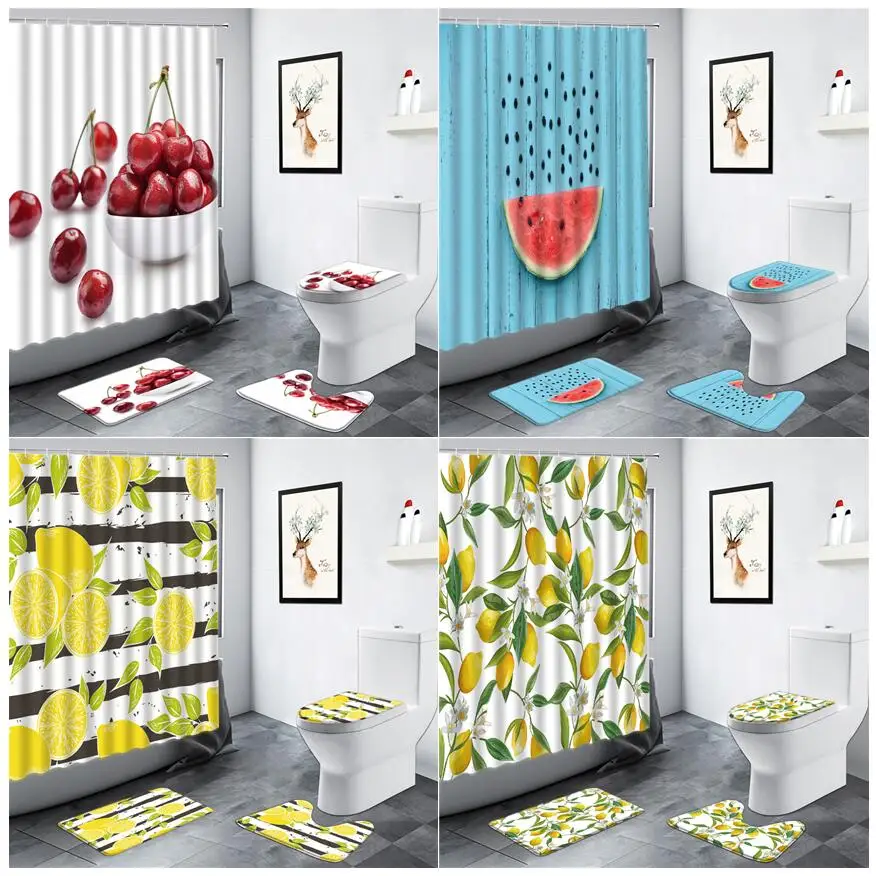 

Watermelon Lemon Fruits Shower Curtain Set Non-slip Rug Cherry Tropical Plant Curtains Bathroom Carpet Toilet Lid Cover Bath Mat