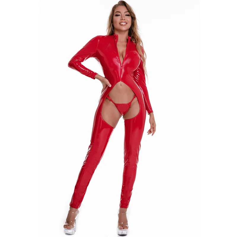 Shiny PVC Open Crotch Jumpsuits Women Sexy Hollow Out Erotic Bodysuit Latex Crotchless Rompers Porn Club Faux Leather Catsuit