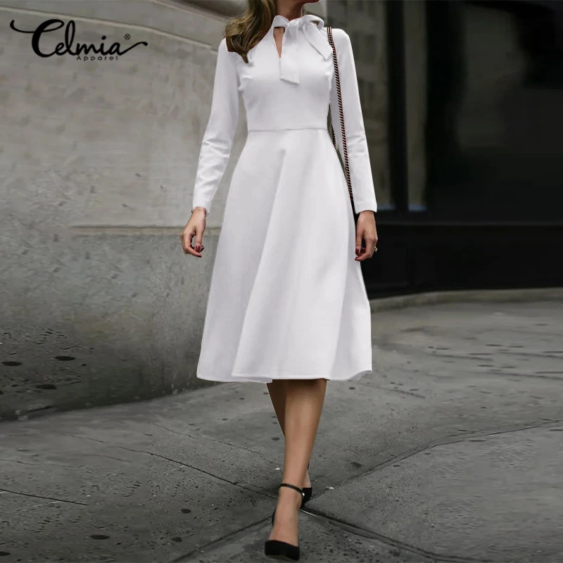 女性用ミドル丈ドレス Vネック 長袖 ハイウエスト エレガント カジュアル 蝶ネクタイ ストリートウェア 秋 コレクション22 ドレス Aliexpress