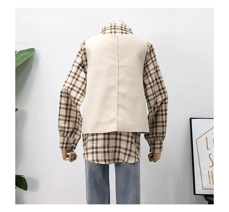 Elegant Autumn Blouse Women Vintage Plaid Long Sleeve Shirt+ Woolen Casual With Sashes Vest Two Pieces Set Matching Set