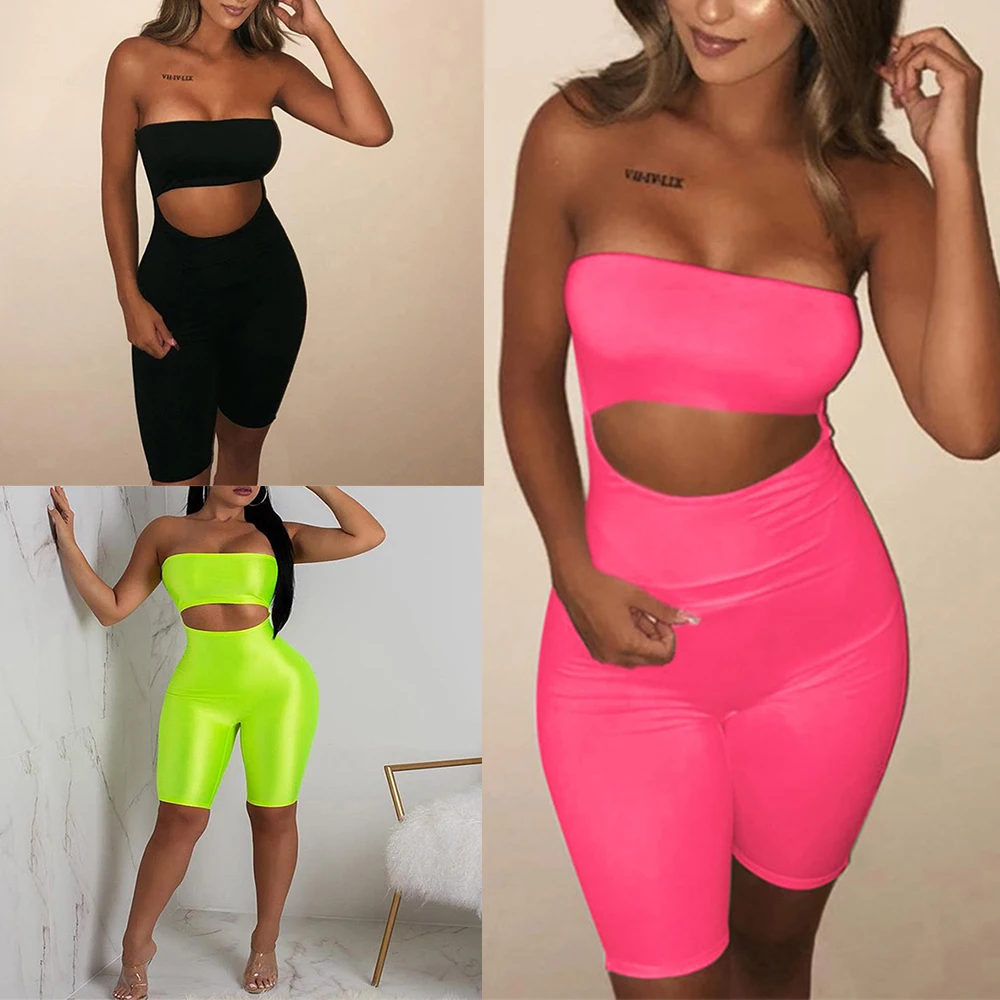 

Hot Bodycon Rompers Jumpsuit Female Backless Fluorescent Basic Bodysuit Openwork Neon Bodysuit