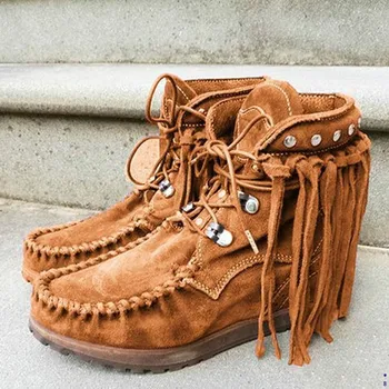 

ankle Women Boots Big Size flats shoes Booties gladiator vintage faux suede round toe lace up Shoe tassels botas mujer