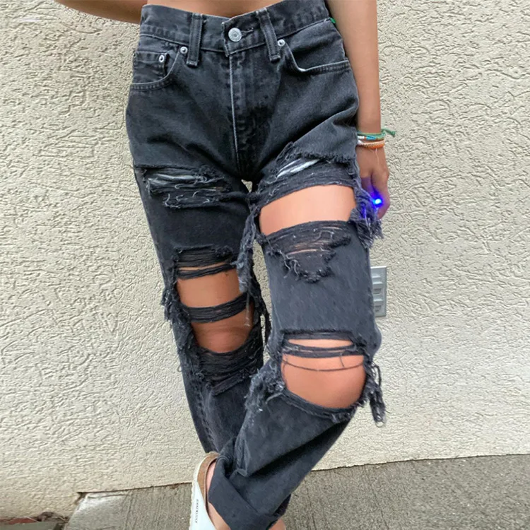 Autumn Distressed Hole Denim Straight 