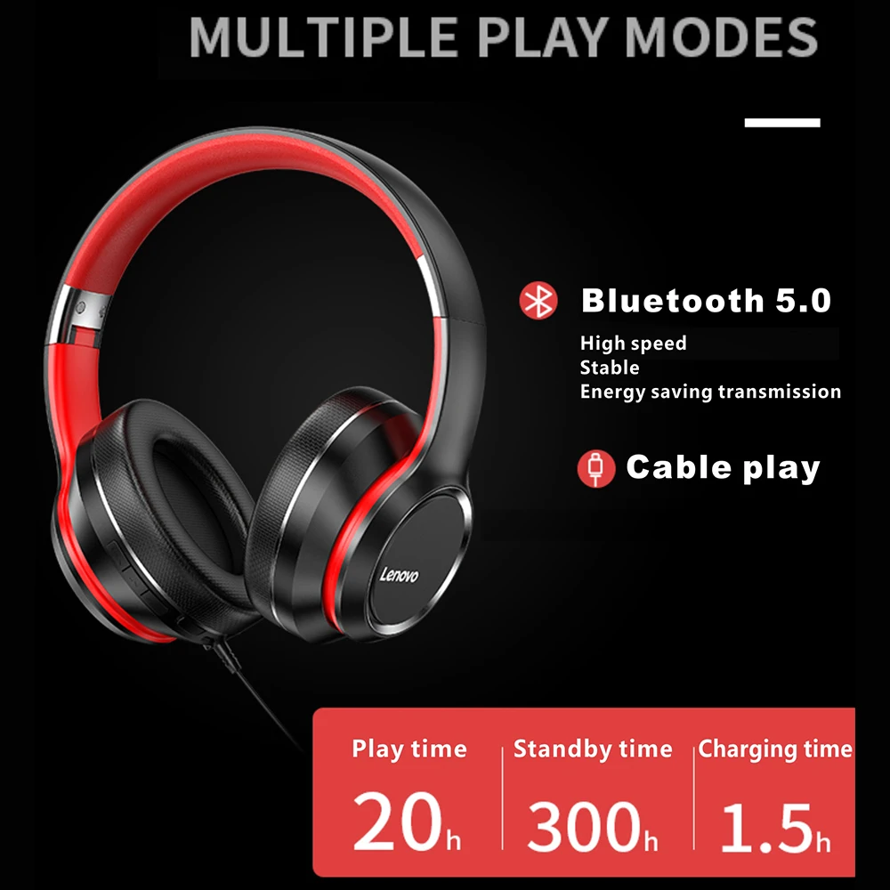 Lenovo HD200 Bluetooth Headset Wireless Computer Headphone BT5.0 Long Standby Life With Noise Cancelling for iPhone12 11 pro max