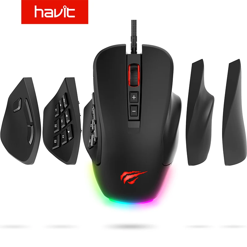 Cena Mysz przewodowa Havit Gaming Mouse 10000 DPI z 14 programowalne przyciski wymienne płyty boczne, 2 wymienne prawe płyty