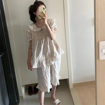 

Summer Female Floral Pijama Sexy Lace Bow Vintage Sleepwear Set Pastoral Comfortable Two-piece Suits Homewear Lingerie Thin S914