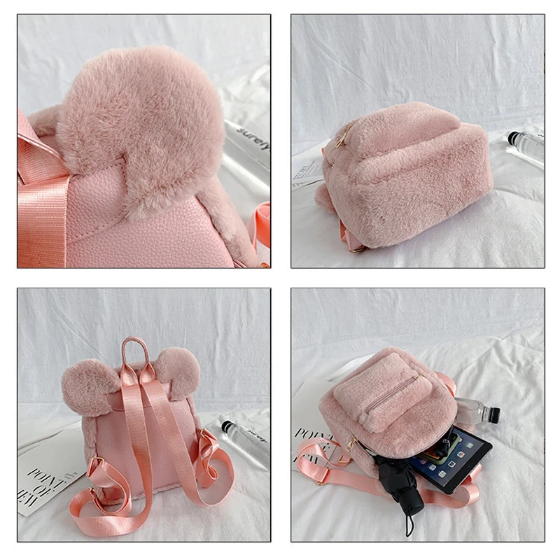 Mini Backpack For Girls Cute 2022 New Bear Ears Plush Women Backpack Girl Group Faux Fur Shoulders Bag Furry Ladies Bagpack