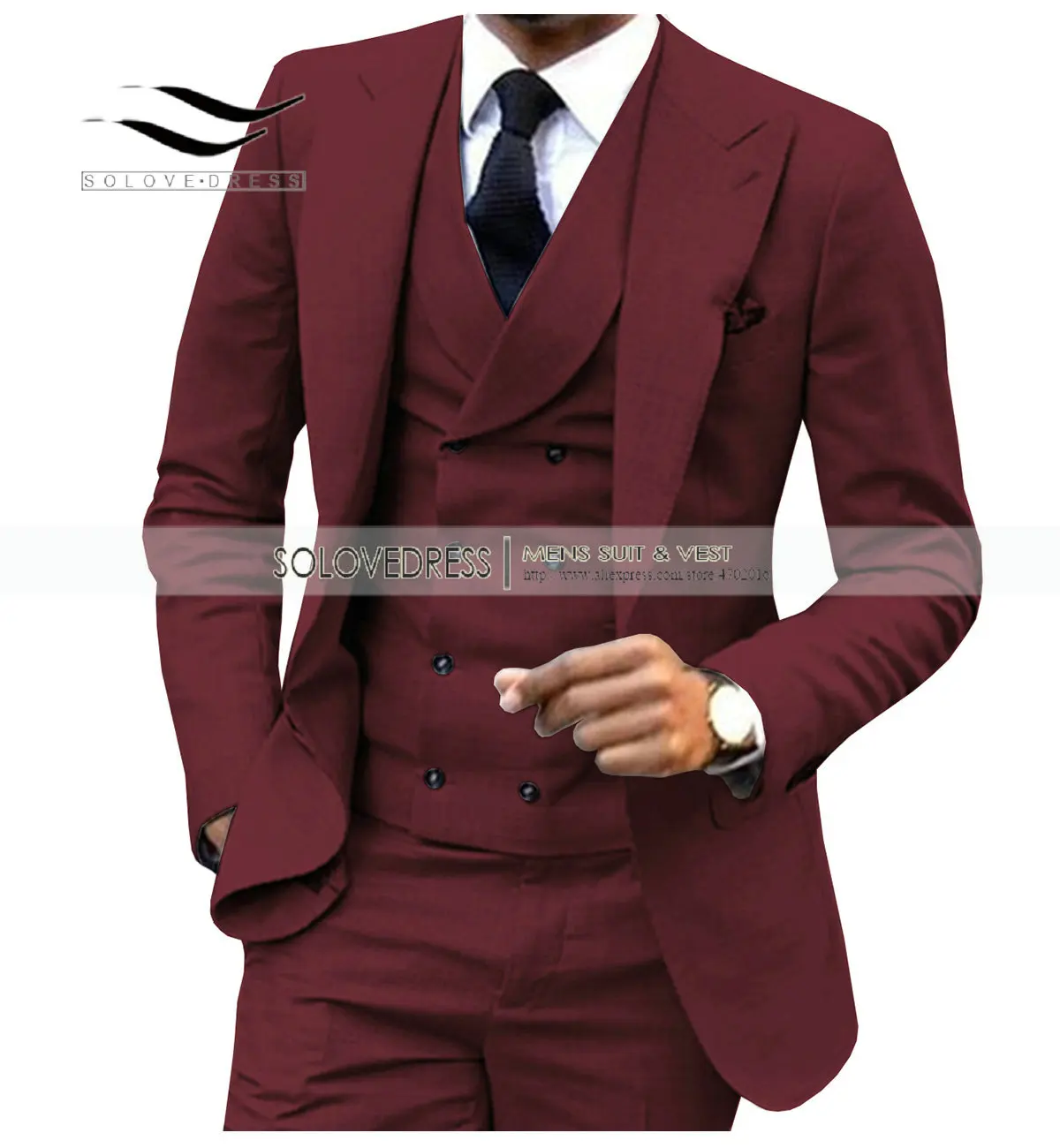 Burgundy Мужской костюм из 3 предметов бордовый двубортный жилет формальный деловой приталенный смокинг для свадьбы блейзер+ жилет+ брюки - Цвет: Burgundy