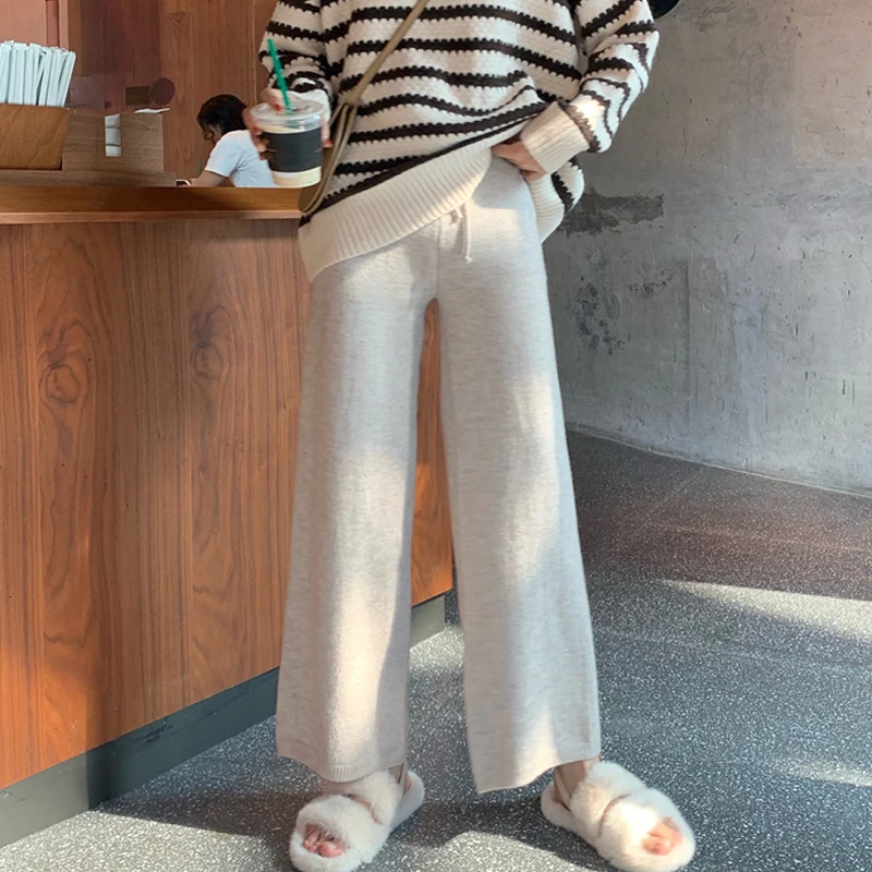 

Korean Women Autumn Winter Knit Pants High Elastic Waist Wide Leg Pants Thick Warm Fashion Casual Solid Color Trousers