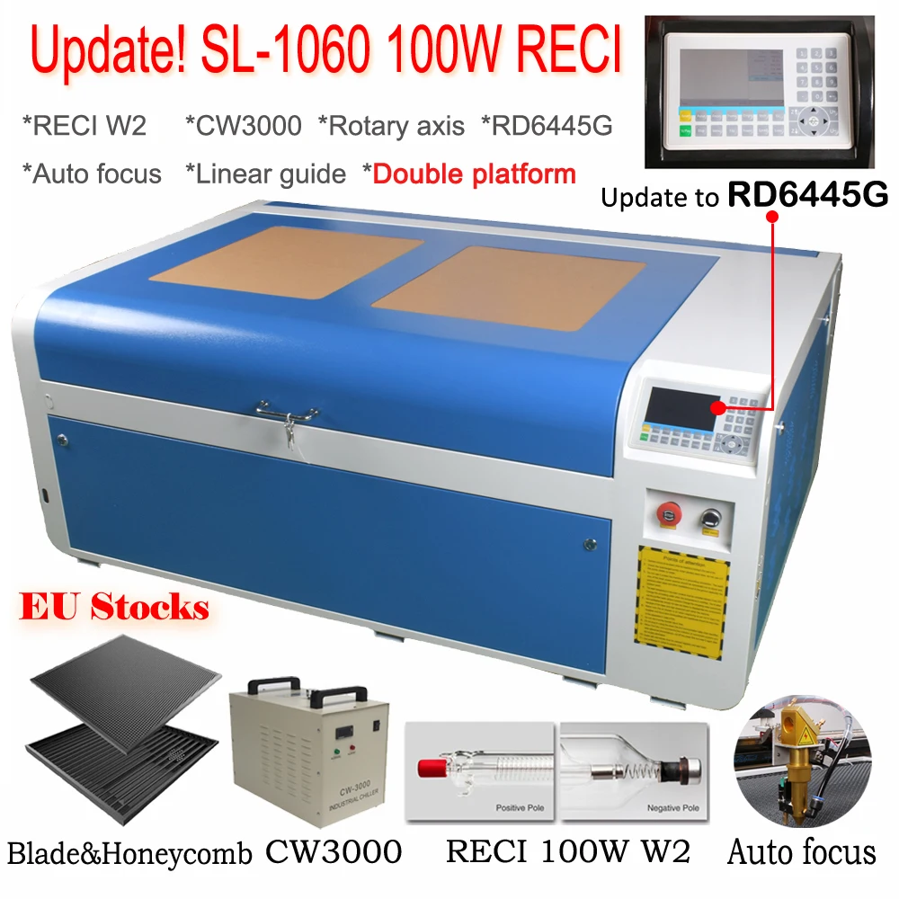 

DSP 1060 100W Co2 USB Laser Cutting Machine Laser Cutter Engraver 1000x600mm Auto-Focus DSP System Laser Cutter Engraver Chiller