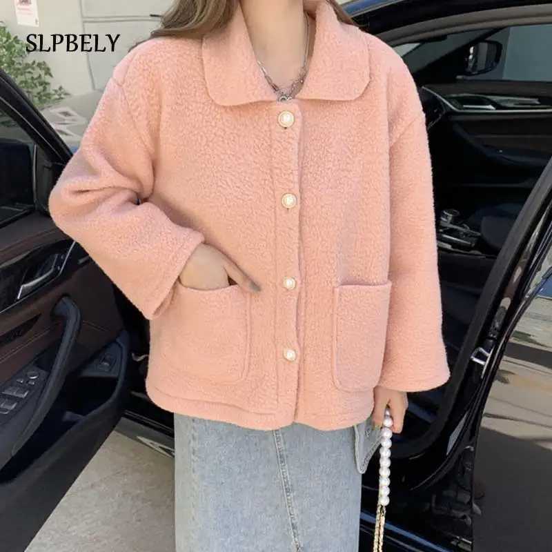 

SLPBELY Lamb Wool Coat Cardigans For Women Winter Teddy Jacket Chic Peter Pan Collar Long Sleeve Korean Coat Women Clothing New