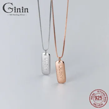 

GININ 100% 925 Sterling Silver Rectangular Luck Princess Letter Pendant Choker Necklace For Women Birthday Party Gift Jewelry