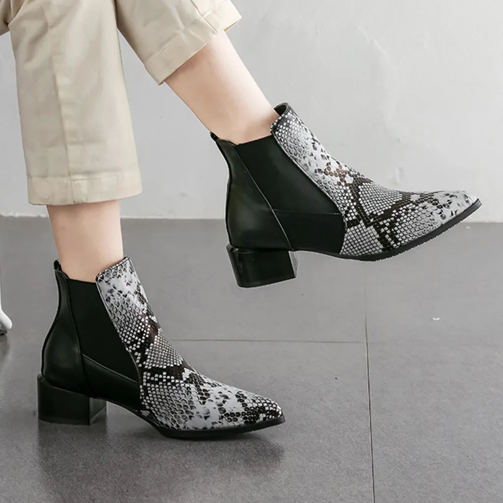 ankle boots heels woman Snake Grain Pointed Toe Slip-Up Boots Square Heels Vintage Women bota infantil para neve#109g25