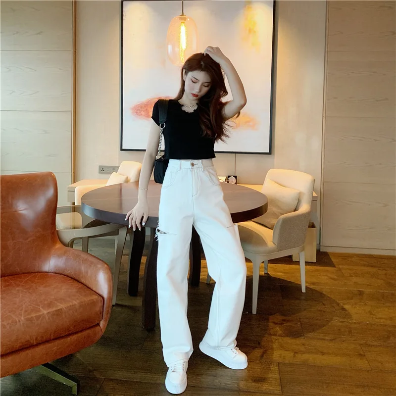 2020 Autumn Versatile Navel Chain T-shirt Jeans Straight Loose Slimming Dad Pants Salt |