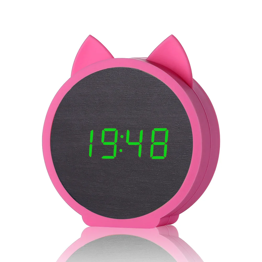 

Cat Digital Alarm Clock LED Display Alarm Clock Setting Wooden Electronic LED Snooze Time Watch with Voice Control for Bedroom