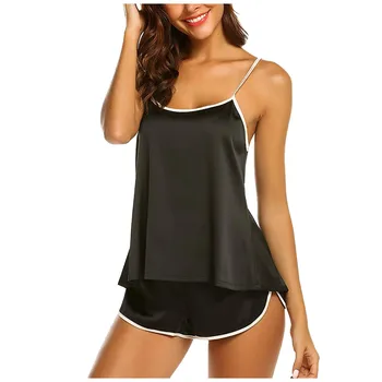

new Women's Sleepwear Sexy Satin Pajama Set Black Lace V-Neck Pyjamas Sleeveless Cute Cami Top and Shorts pijama mujer