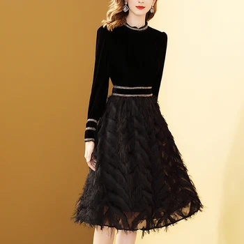 

Gedivoen Autumn Fashion Runway Knee-Length Dress Women Solid Black Velvet Elegant Dress Long Sleeve A-Line Party Dresses