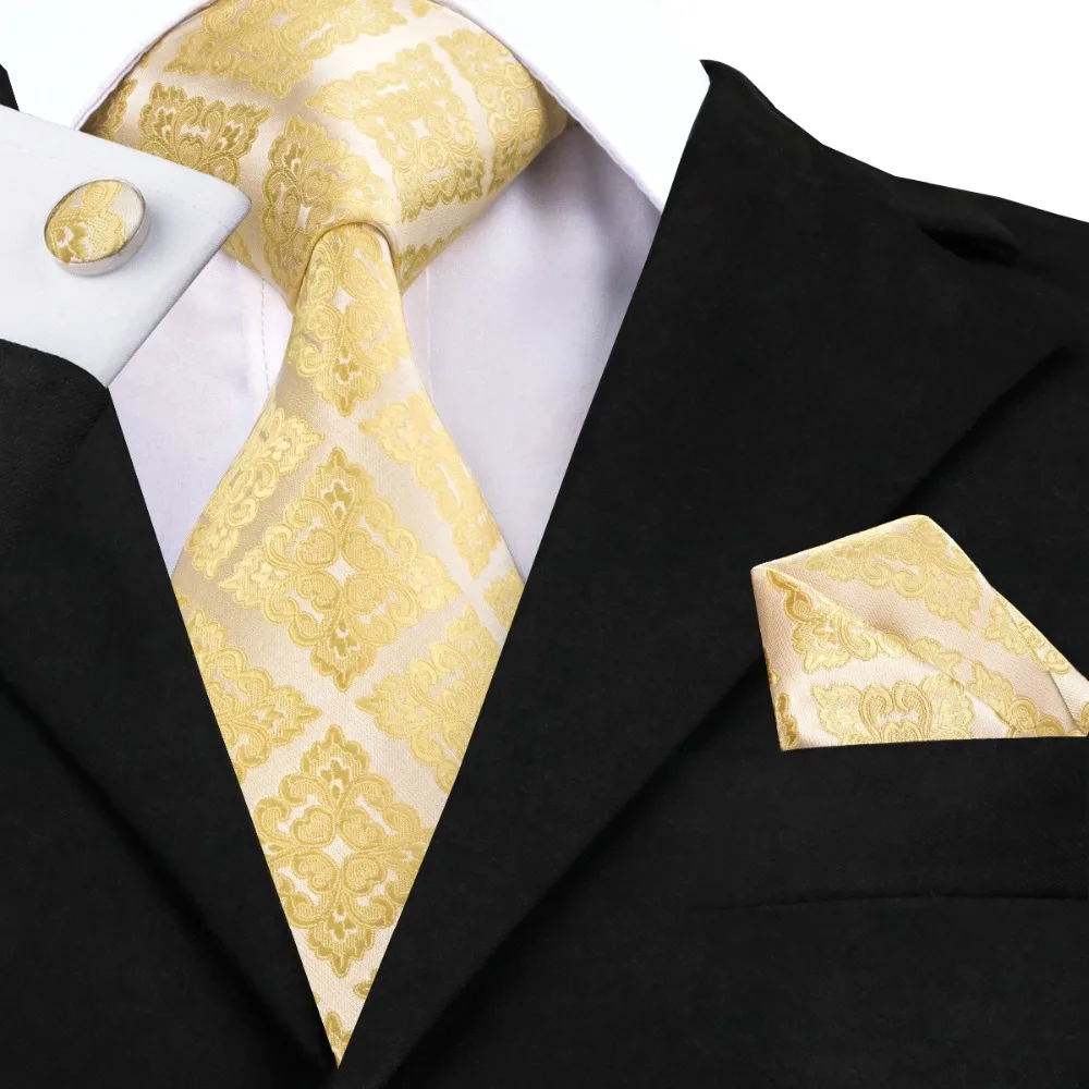 SN-1036 желтый цветочный галстук Hanky запонки набор мужские шелковые золотистые галстуки для мужчин Официальный Мужской Галстук Свадебная вечеринка Жених Corbatas