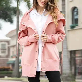 

Autumn Winter Loose Women Solid Color Drape Drawstring Buttons Long Sleeve Coat