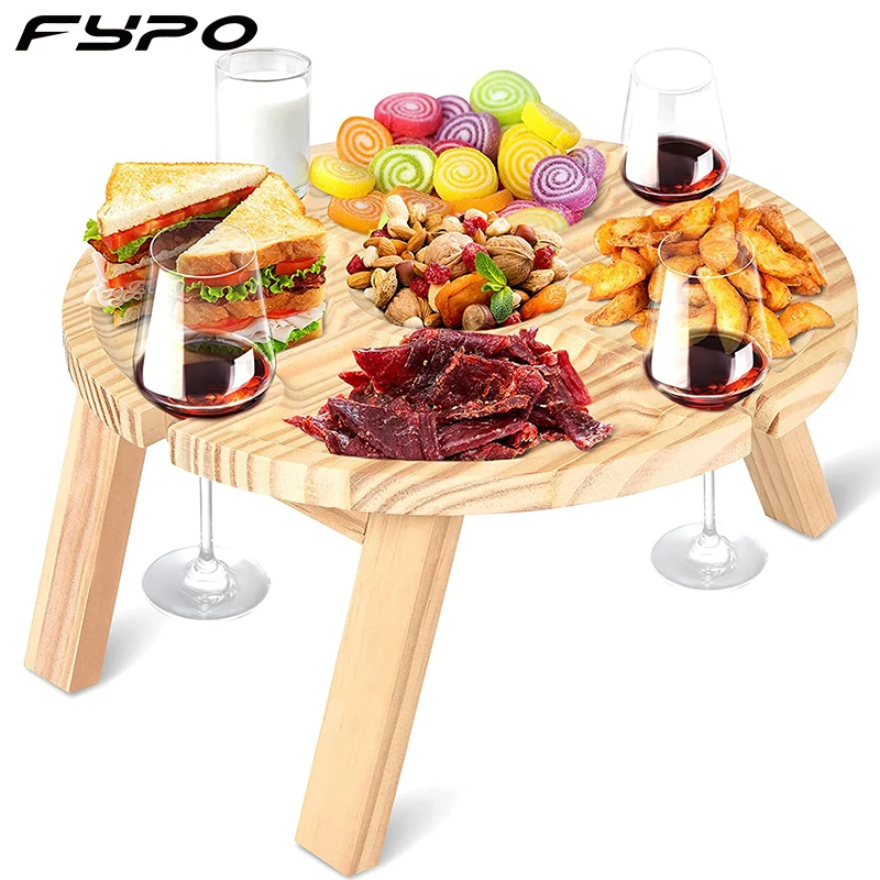 Wooden Folding Picnic Table Portable Outdoor 2 In 1 with Wine Glass Holder Stemware Storage Rack Camping Table Garden Furniture
