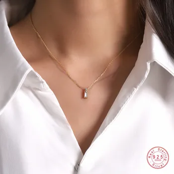 French Elegant Small Square Diamond S925 Silver 14K Gold Plated Necklace Shiny Zircon Clavicle Chain Wedding Jewelry Gift